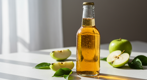 Flasche mit Apfelsschorle als Inhalt und Äpfel auf dem Tisch