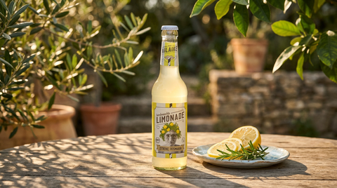 Bio Limonade Zitrone-Rosmarin Flasche auf Holztisch mit Zitronenscheiben und Rosmarin im goldenen Sonnenlicht