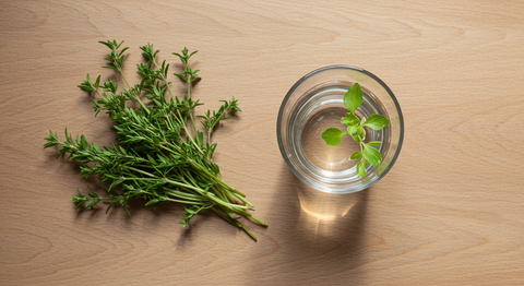 Glas mit Wasser und Kräuter auf dem Tisch in Helikopter-Perspektive